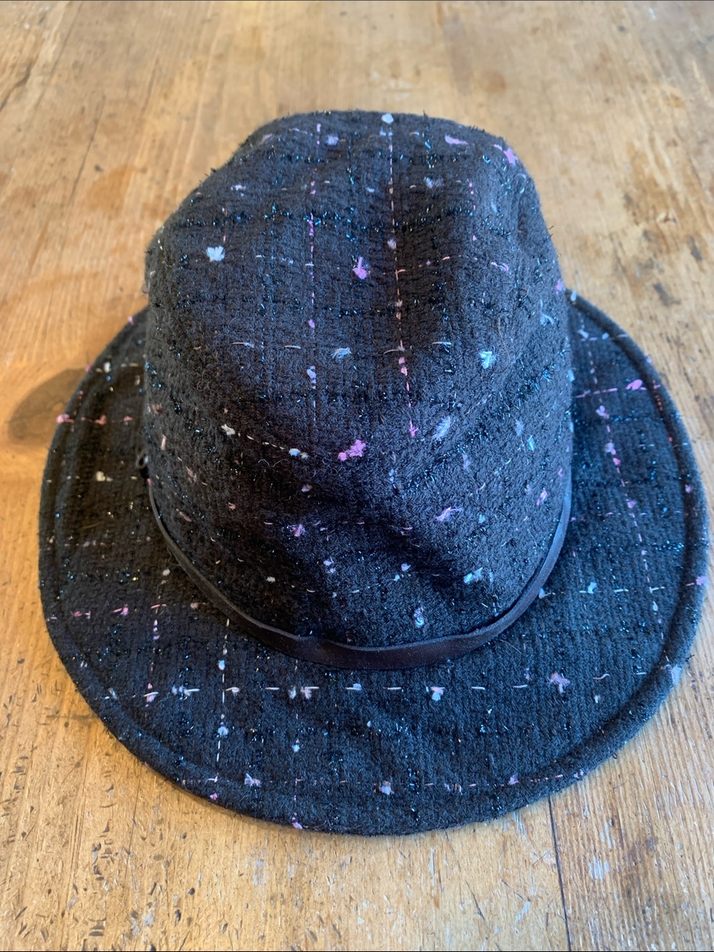 Charter Club Black Tweed Fedora with Pink & Blue Speckle